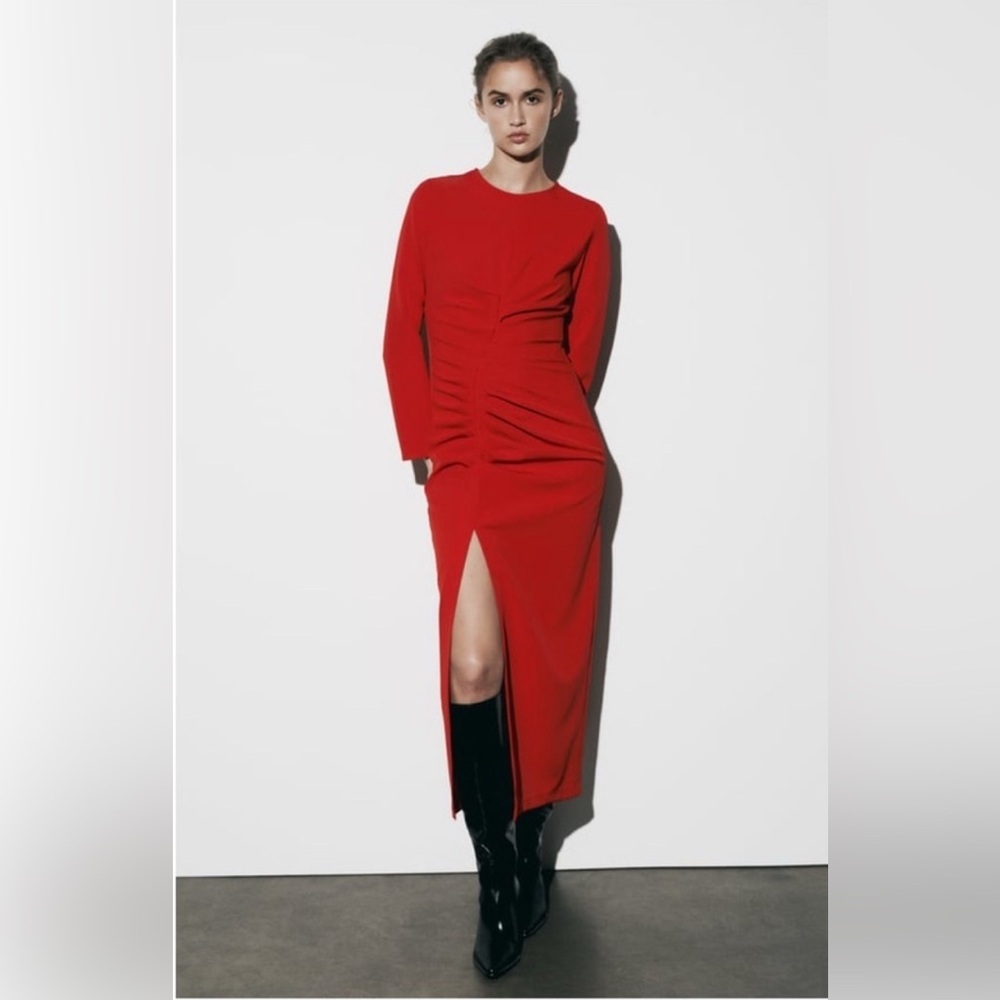 Zara Red Ruched Front Midi Dress. Size S